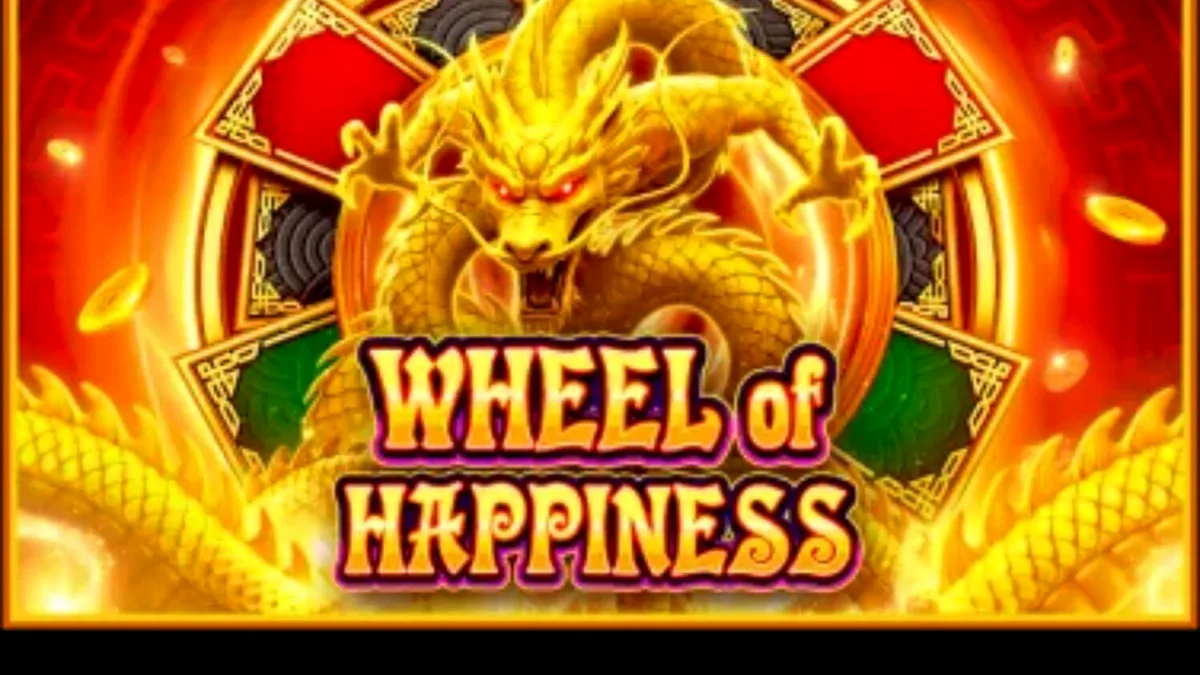 Ang Wheel of Happiness slot game na nagpapakita ng mga gintong dragon, leon, at pagong sa isang marangyang Chinese-themed na background.