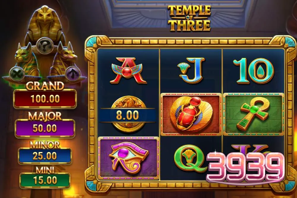 Isang visual na representasyon ng Temple of Three slot na may mga simbolo ng mga diyos at gintong barya.